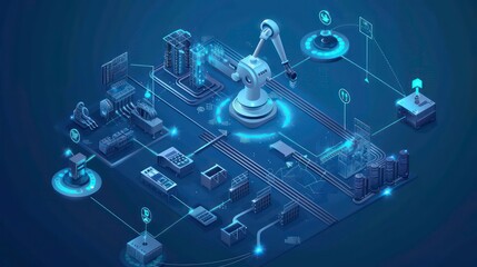 Poster - Industry 4.0 technology concept - Smart factory for fourth industrial revolution with icon graphic showing automation system by using robots and automated machinery controlled via internet network