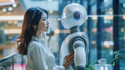 Aufkleber - Woman and robot in deep conversation in a glass-walled room; her hand on his shoulder shows trust and understanding