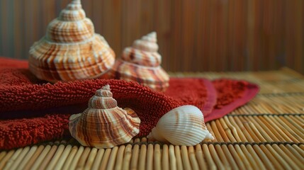 Wall Mural - Composition of shells and red towel on a bamboo mat