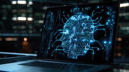 Poster - AI, Artificial Intelligence. Close up laptop computer with glowing circuit brain. Artificial intelligence and communication concept. Smart brain