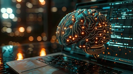 Poster - AI, Artificial Intelligence. Close up laptop computer with glowing circuit brain. Artificial intelligence and communication concept. Smart brain