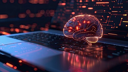 Poster - AI, Artificial Intelligence. Close up laptop computer with glowing circuit brain. Artificial intelligence and communication concept. Smart brain