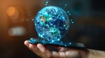 Poster - Mobile global internet communications. World wide web on phone via wireless satellite network technology. Smartphone digital connection at clouds services of all earth. Holographic abstract interface