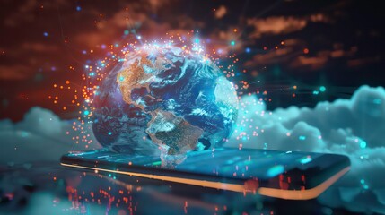 Poster - Mobile global internet communications. World wide web on phone via wireless satellite network technology. Smartphone digital connection at clouds services of all earth. Holographic abstract interface