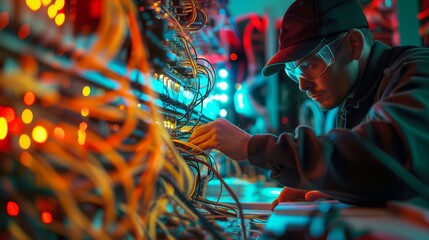 Wall Mural - electrician and engineer work on an electrical circuit with many cables for communication and data transfer