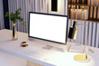© Who is Danny - A computer with blank screen on a modern desk with decorative items, against a striped background, concept of office workspace. 3D Rendering