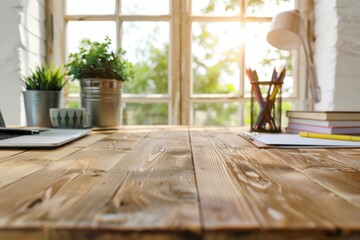 Wall Mural - Blank wooden desk (with office supplies) (negative space) (natural window light) (blurred home office background) 