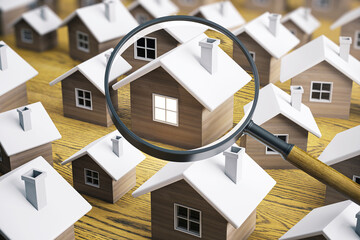Poster - Miniature wooden houses inspected under a magnifying glass, a concept of real estate market analysis on a wooden background. 3D Rendering