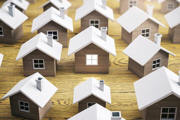 Poster - Miniature 3D houses on a wooden background, symbolizing real estate market or property concept. 3D Rendering