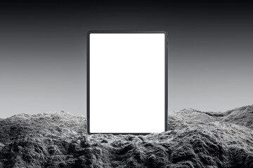 Poster - A tablet with a blank screen on a textured mountain-like background, illustrating a concept of digital technology. 3D Rendering