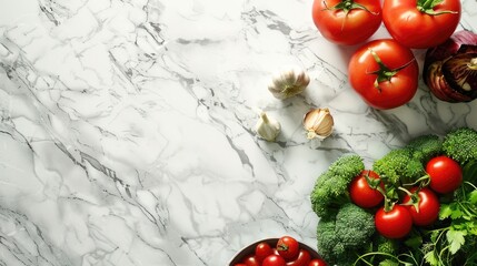 Top view of a clean kitchen counter with fresh vegetables, ideal for recipe text