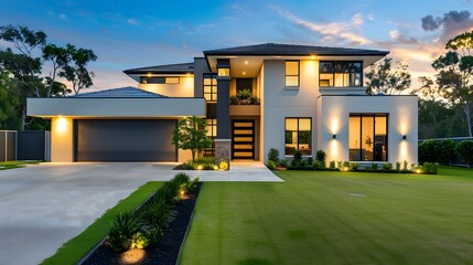 Poster - Modern Two-Story House with Front Yard Lawn