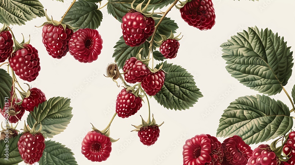 Detailed chart on the Raspberry Rubus idaeus showcasing its summer seasonality origins in Europe and North America and health benefits with visuals of raspberry plant anatomy