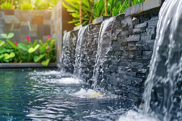 Poster - Serene waterfall cascading over stone tiles in a tropical garden as a peaceful wallpaper