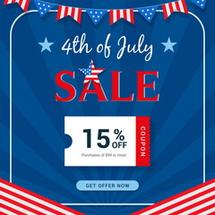 Wall Mural - 4th of July Sale vector illustration. 15% off coupon template flat design