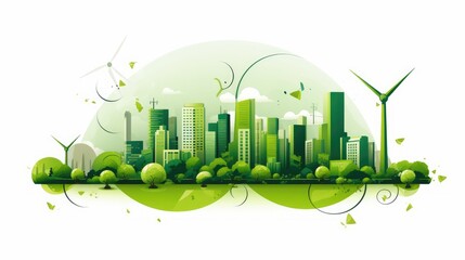 Canvas Print - Green cityscape with wind turbines and green buildings