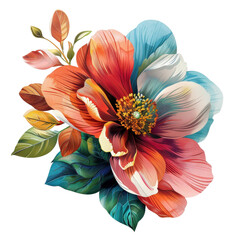 Wall Mural - Colorful digital illustration of a vibrant flower with petals in red, blue, and white, accompanied by green leaves.