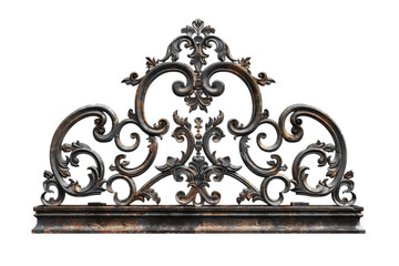 Vintage wrought iron decorative fence piece with ornate floral and scroll patterns, isolated on a transparent background.