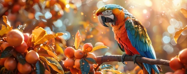 Wall Mural - A colorful parrot perched on a tropical fruit, its feathers shimmering in the sunlight.