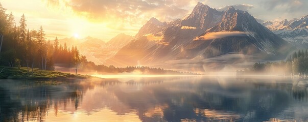 Wall Mural - A peaceful mountain lake at dawn, with mist rising from the surface of the water and the first light of morning illuminating the surrounding peaks.