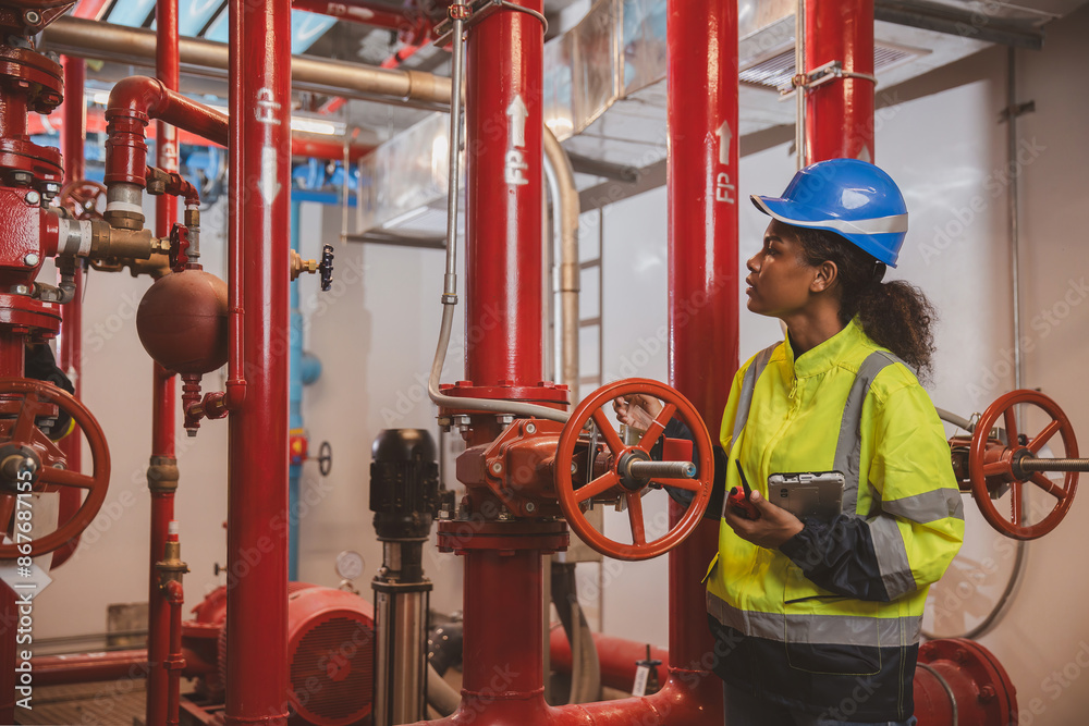 Engineer or technician work checking Fire suppression system and fire ...