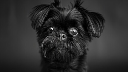 A close-up portrait of an adorable small black dog with shiny fur, wide eyes, and a curious expression, set against a dark background, capturing its playful spirit.