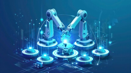 The integration of robotic arms and communication networks in industrial technology, illustrating the concept of Industry 4.0 and automation