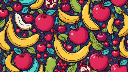 Wall Mural - A colorful fruit pattern with bananas, strawberries, and grapes