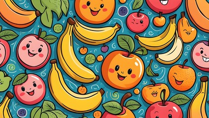 Wall Mural - A colorful fruit pattern with bananas, strawberries, and grapes
