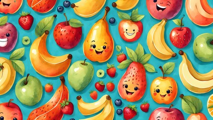 A colorful fruit pattern with bananas, apples, oranges, and watermelon