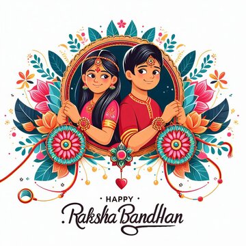 A brother and sister celebrating Raksha Bandhan, with the phrase written in calligraphy Happy Raksha Bandhan.