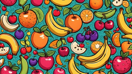 Wall Mural - A colorful fruit pattern with bananas, cherries, and oranges