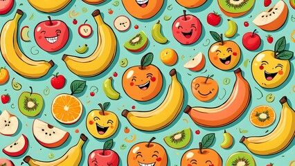 Wall Mural - A colorful fruit pattern with apples, bananas, and oranges