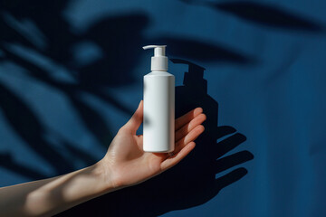 Wall Mural - hand holding a pump cosmetic bottle on dark blue background with shadows. generative ai