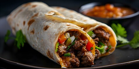 Wall Mural - Beef burrito with vegetables in a black background a Mexican favorite. Concept Food Photography, Mexican Cuisine, Beef Burrito, Vegetable Fillings, Black Background