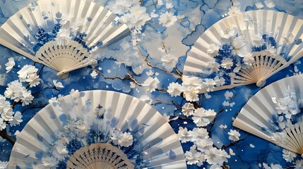 Wall Mural - A Symphony of Blue and White: Japanese Fans in Bloom
