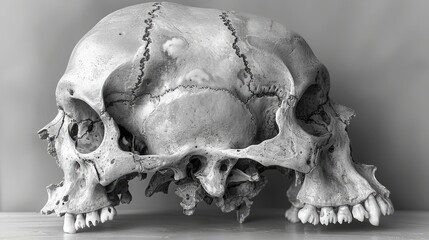 Macro image of an animal skull's intricate bone patterns, set against a plain background with copy space