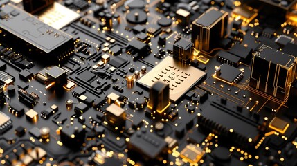 Poster - 3D cyber microchip background in gold, white, and black colors, viewed from above, representing advanced technology.