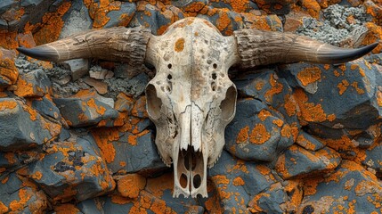 Detailed photograph of an animal skull resting on rocks, highlighting the textures and natural weathering with ample copy space