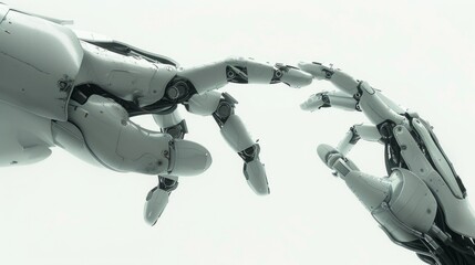 Poster - Two white robotic hands extend towards each other, fingers brushing, suggesting connection and collaboration in a futuristic environment