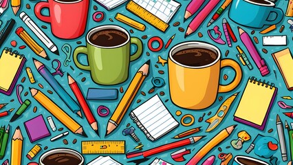 Wall Mural - A colorful drawing of school supplies including pencils, pens, rulers