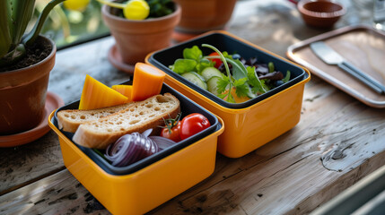 Fresh salad and bread in a stylish lunch container