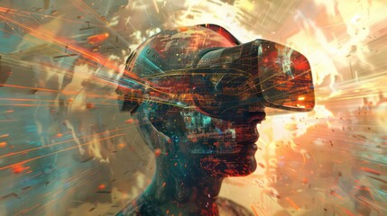Poster - vr headset, double exposure, metaverse, futuristic virtual world, state of consciousness, technology. Generative AI