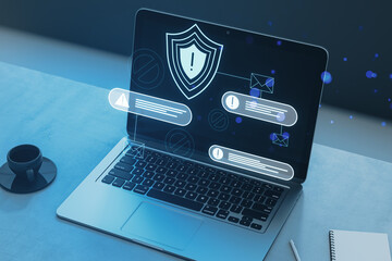 Wall Mural - Laptop displaying a cybersecurity concept with holographic overlay icons on a blue background, creative technology idea. 3D Rendering