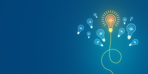Aufkleber - Illuminated lightbulbs on blue background, one bright bulb connected with a line represents a concept of a standout idea in a creative or business context. 3D Rendering