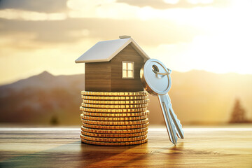 Poster - Miniature wooden house on a stack of coins with a key next to it, against a sunset and mountain background, concept of real estate investment. 3D Rendering