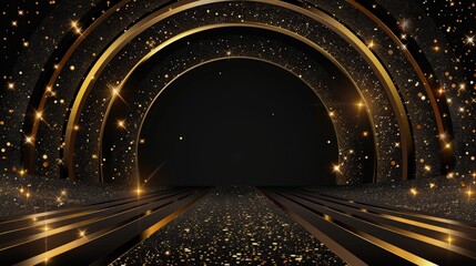 Wall Mural - Black Gold Stage Golden Night Arc Royal Awards Graphics Background Lines Sparkle Elegant Shine Modern Glitter Template Luxury Premium Corporate Abstract Design Template Banner Certificate Dynamic.
