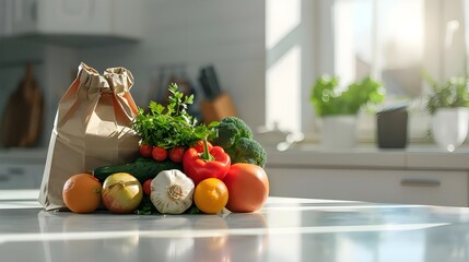 A healthy food background featuring a variety of fresh vegetables and fruits spilling out of a paper bag on a white kitchen counter, with soft natural light enhancing their colors.