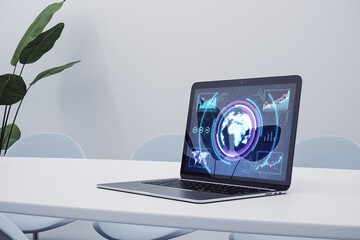 Aufkleber - Laptop on a desk displaying futuristic interface, white minimalist background, concept of modern technology. 3D Rendering