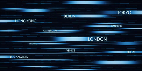 Wall Mural - A digital art concept of major city names overlaid on dynamic blue lines on a dark background. 3D Rendering